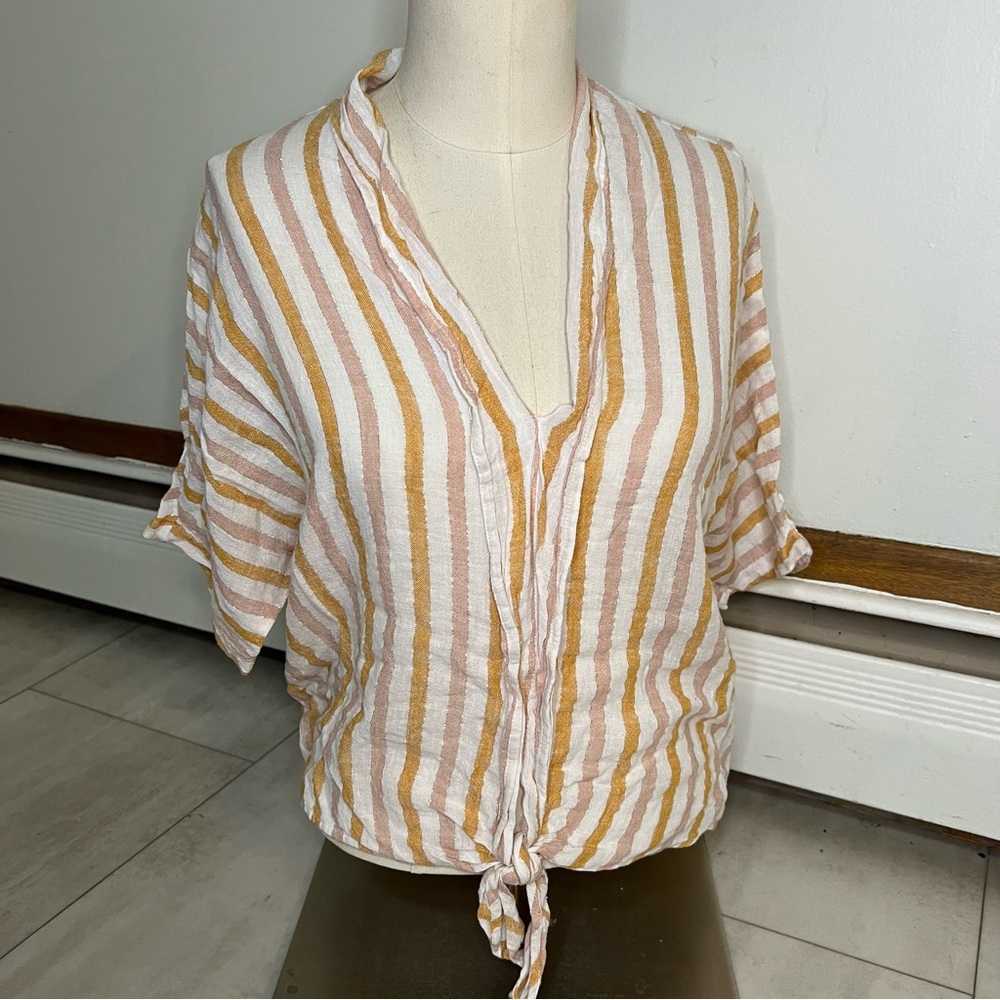 Rails Cream and Tan Striped Tie-Front linen‎ Blouse v-neck size S - Picture 5 of 11